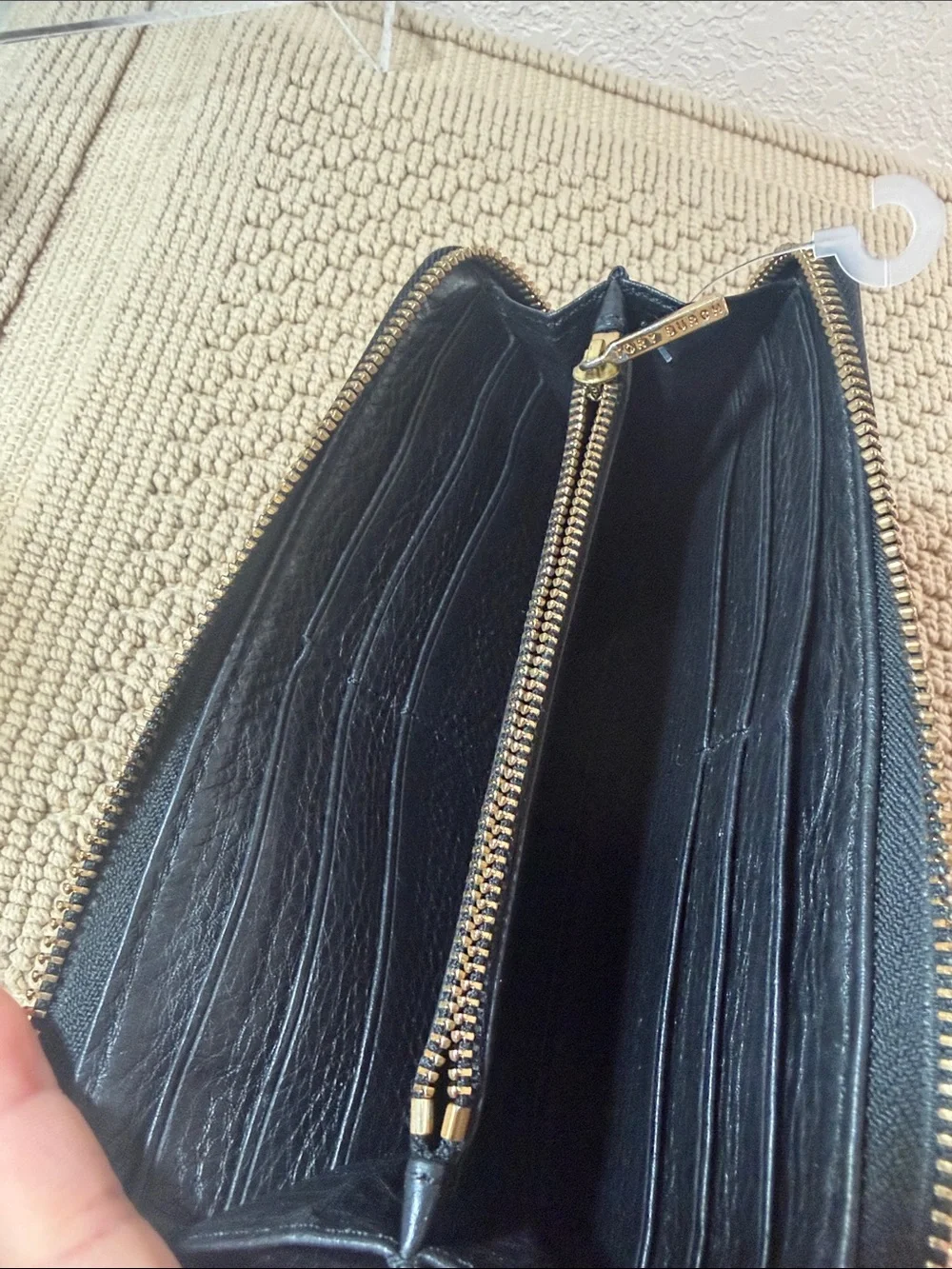 Tory Burch Black Pebbled Leather Zip Around Continental Wallet Gold Logo